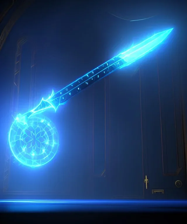 Magic door with a glass sword, ultra high resolution, 8k, complex 3d render, cinema 4d.