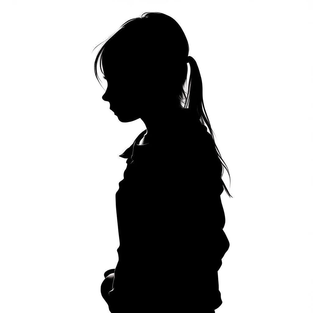 B/W A silhouette of girl between the age of 21-24 afraid white background