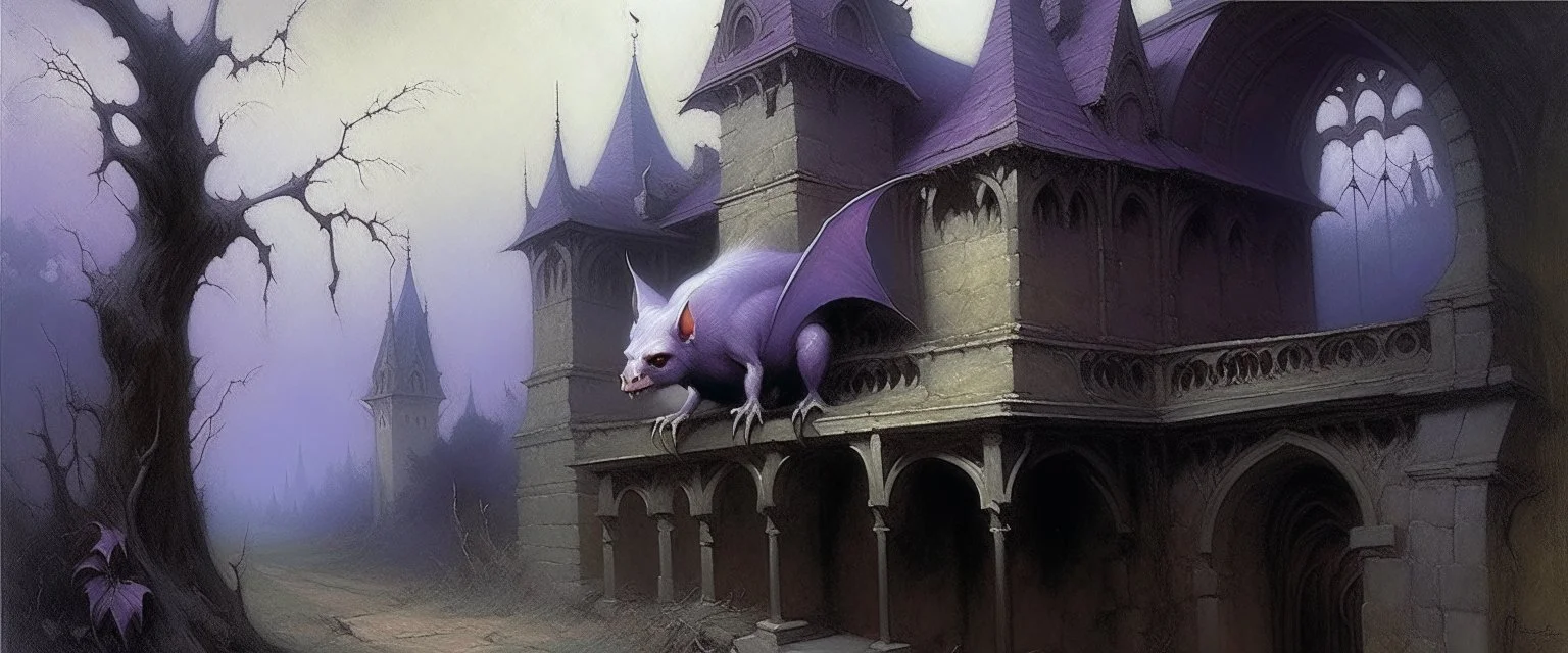 A light purple vampire bat chateau painted by Birge Harrison