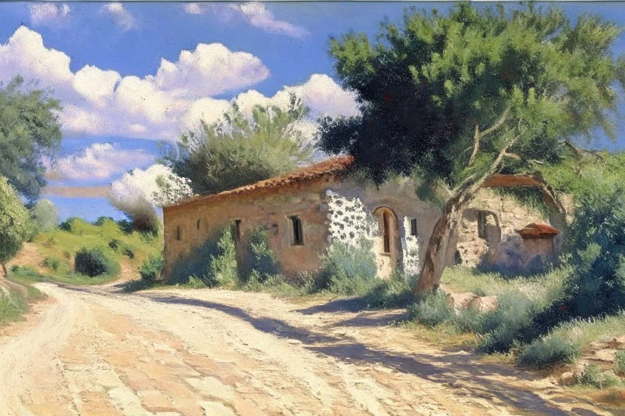 sunny day, clouds, rocks, trees, mountains, countryside, dirt road, adobe old house, gustave caillebotte impressionism paintings