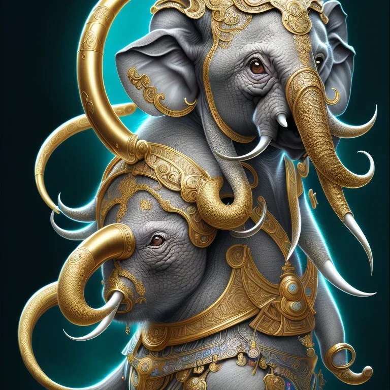 Sango fantasy, fantasy magic, intricate, sharp focus, illustration, highly detailed, digital painting, concept art, matte, art germ and Paul Lewin and Kehinde Wiley, masterpiece silver elephant head bronze monkey Asian African girl nice breast Hawaiian hair turquoise golden waves