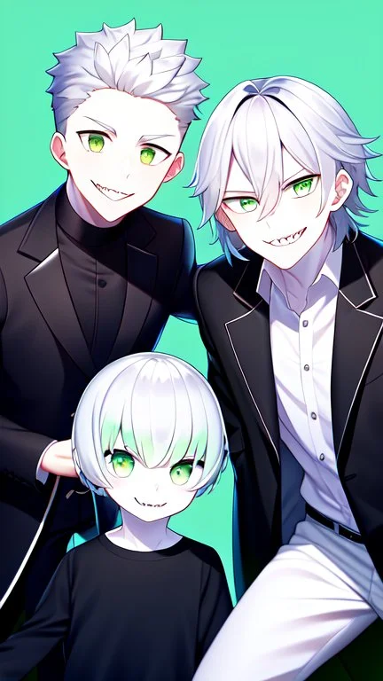 plauge doctor in balck leather coat and suit with silver hair, pale skin and bright green eyes smiling with sharp teeth, nice young face, male, viscious smile