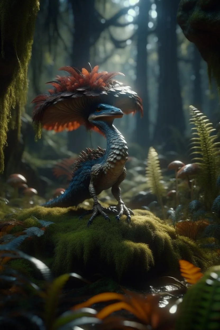 raptor with feathers in magical mushroom forest, 8k resolution, ultra detailed, unreal engine 5, masterpiece