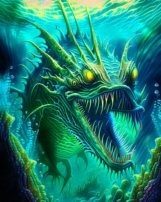 90's TCGn retro fantasy art of a sea monster under the water