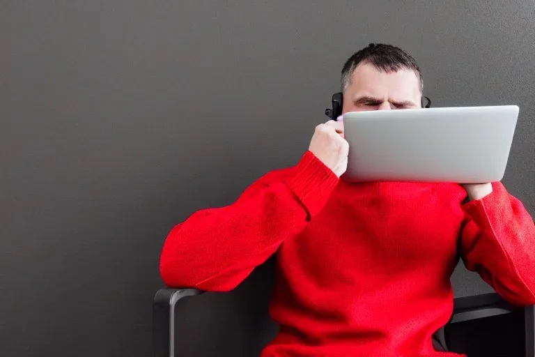 Man using laptop in red sweater