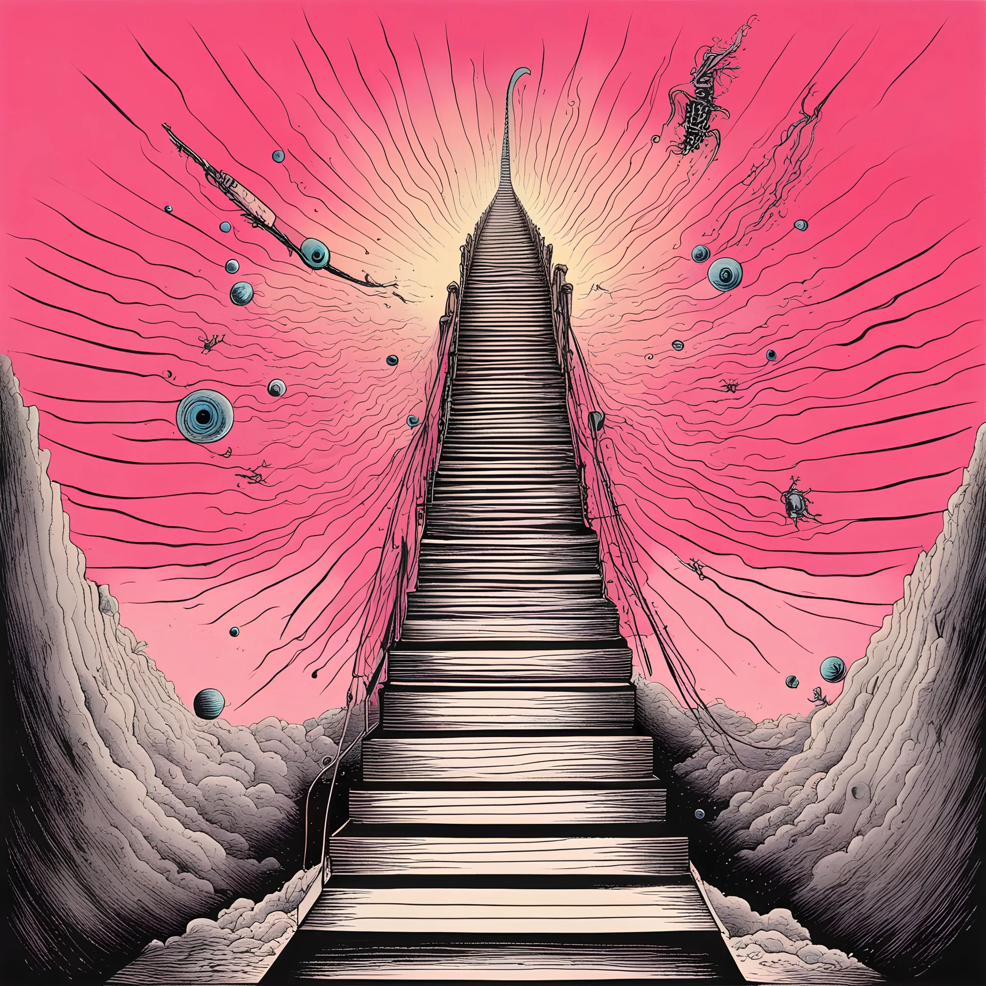 stairway scare death rules there, morse code textures, surrealism by Gerald Scarfe and Yves Tanguy, silkscreened mind-bending illustration; Astronomy Domine, uv reactive blacklight cosmic colors, Pink_Floyd aesthetics, smooth album cover art, minimalism