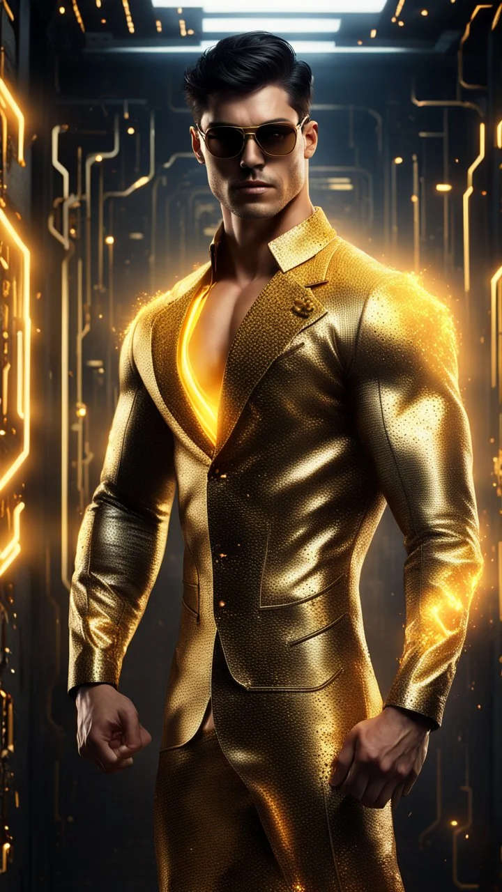 Hyper Realistic handsome muscular Electric-Superhero with short-black-hair wearing long-fancy-golden-tuxedo-with-yellow-circuit-patterns & fancy-sunglasses in a dark-rustic-circuit-room with electric-sparks-&-rays & a massive circuit-board-wall with-glowing-embers showing dramatic & cinematic ambiance.