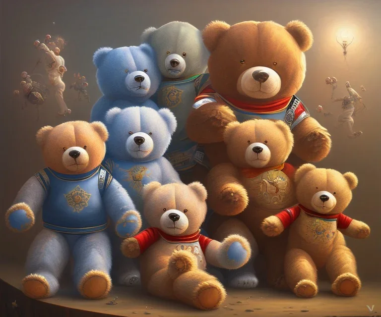 boy and big teddy bears. oil on canvas