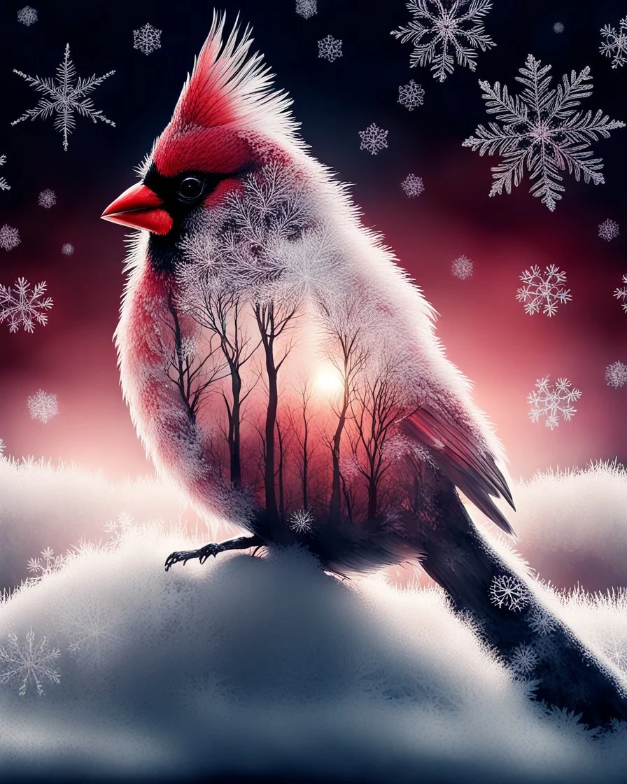 Create the silhouette of a cardinal in containing Double Exposure, a frosted berry woodland at sunrise; delicate branches form feather patterns, soft crimson highlights against snow-white textures, refined Christmas elegance. Background is black with many large snowflakes.