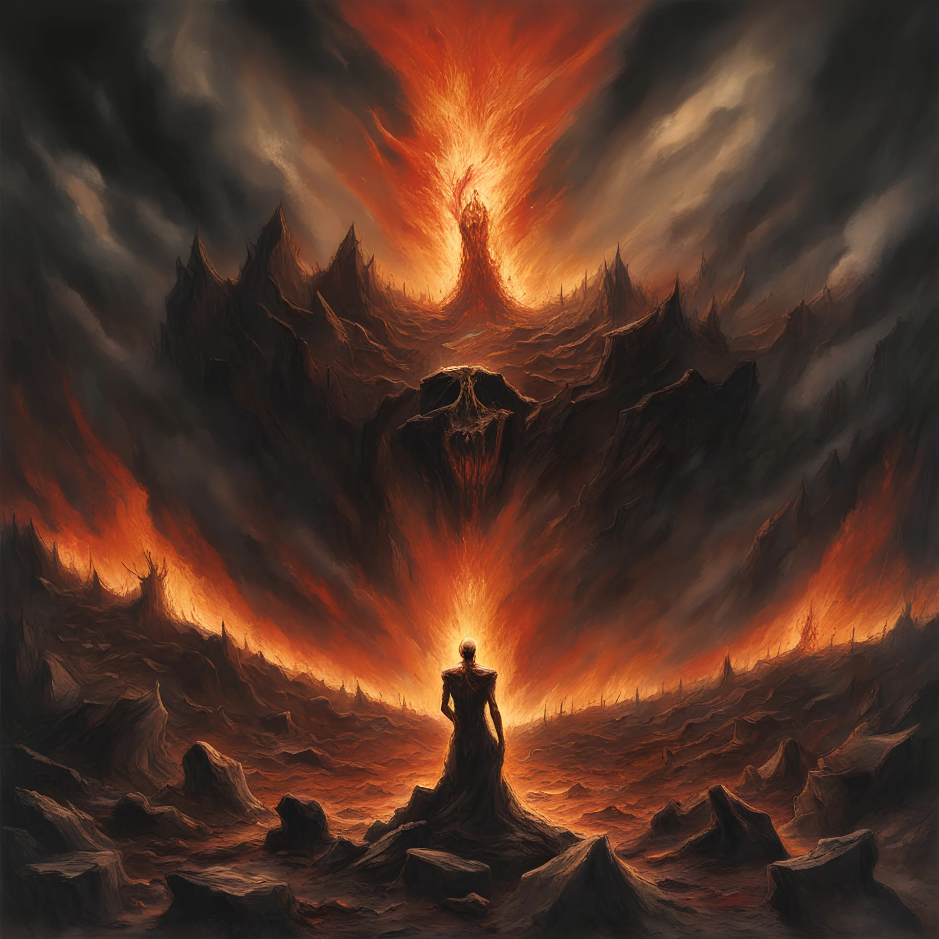 Title: "Infernal Descent" The album cover portrays a dead human amidst a tumultuous scene of despair. with an expression of agony, the human is besieged by sinister demons in a dark, fiery landscape. Flames lick at jagged rocks, while ominous clouds loom overhead. The demons exude malevolent energy as they torment their celestial victim.