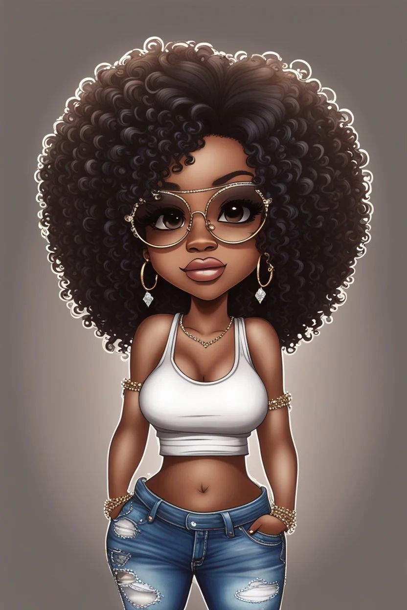 Create a whimsical chibi image of a black female with shoulder length tightly curl ombre afro, black silky and brown eyes. Long eye lashes wearing a torn jeans and tank top with diamond studded "pretty" on the front, sandals , plus size body style. Diamond studded glasses and hoop earrings forward facing, 2k, white background