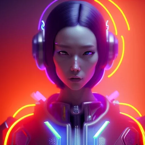 Cyber Woman, orange short hair, samurai, cyberpunk, neon, highly detailed, art stations, concept art, smooth, unreal engine 5, god rays, ray tracing, RTX, lumen lighting, ultra detail, volumetric lighting, 3d, finely drawn, high definition, high resolution, gradient background