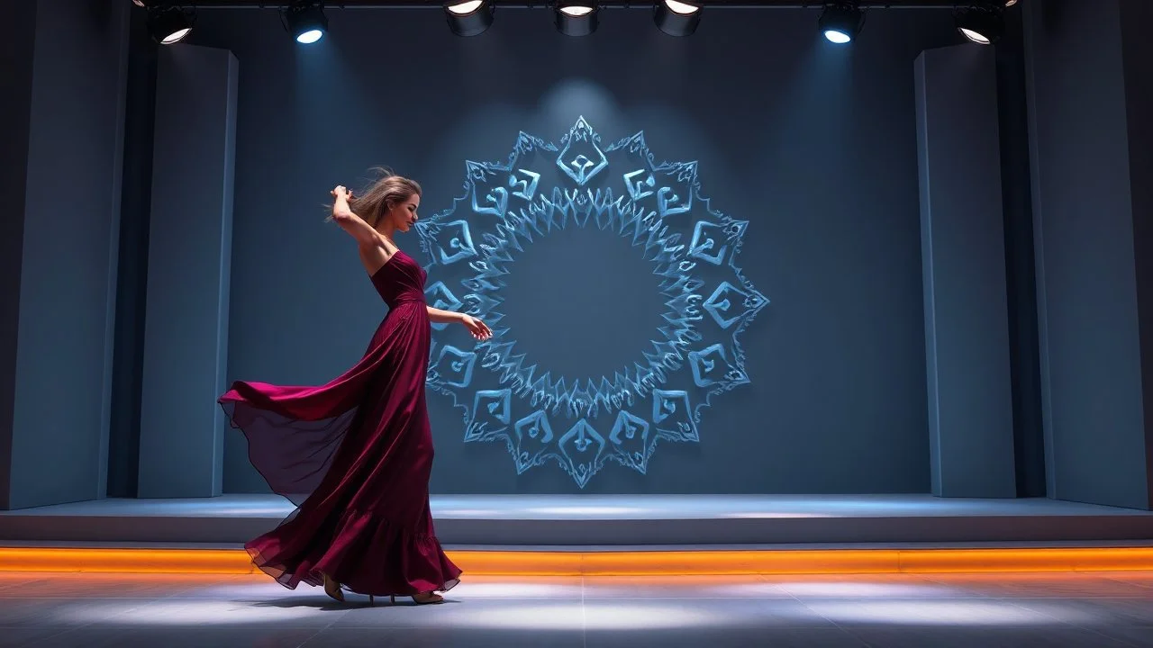 modern stage with gray-blue theme artistic decoration , color full dynamic lighting, a beautiful lady in modern maxy dark purple red dress with shining silver jwells dancing, 3D recursive fractal structure animating background