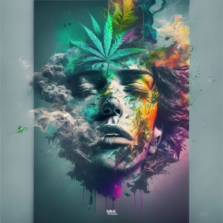 Create a composite that captures the initial allure and impact of trying hash or weed, emphasizing the emotions and sensations you felt poster colour composite