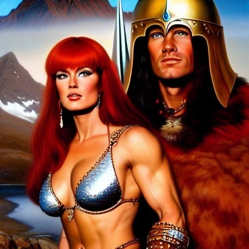 portrait of 'Conan and Red sonja',snow,mountains,horned helmet,ancient armor,painting by Earl Norem, simon Bisley,frazetta evan lee, Vallejo,kelly oil on canvas, cinematic composition, extreme detail,fit full head inside picture,8k