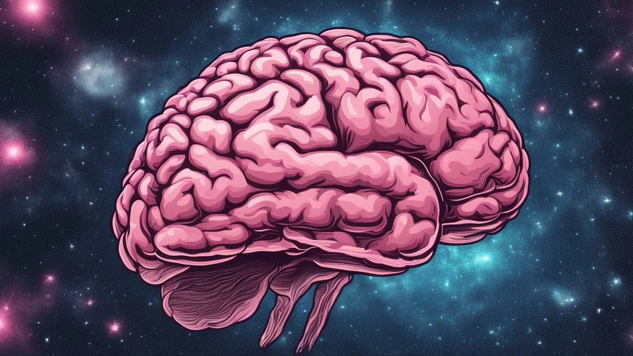 Comic style, bare transparent pink human brain flying trough the universe, background galaxy's
