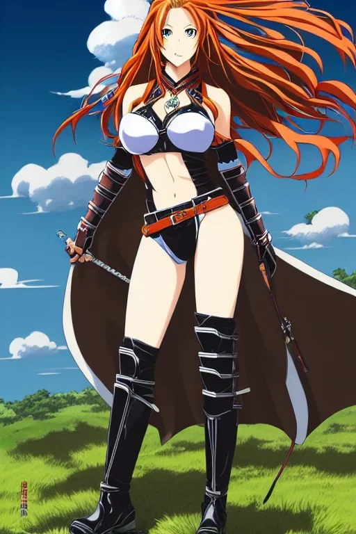 In the style of Hiromu Arakawa, concept illustration, super-detailed, beautiful teen female who is 16 years old with long ginger hair and freckles, full lips, full body, full face, b-cup breasts, athletic, centred camera, ignore NSFW, skimpy brown fantasy leather armor, halter top, micro thong, knee-high leather boots, open leather skirt, stern expression, cute pose with hands behind butt