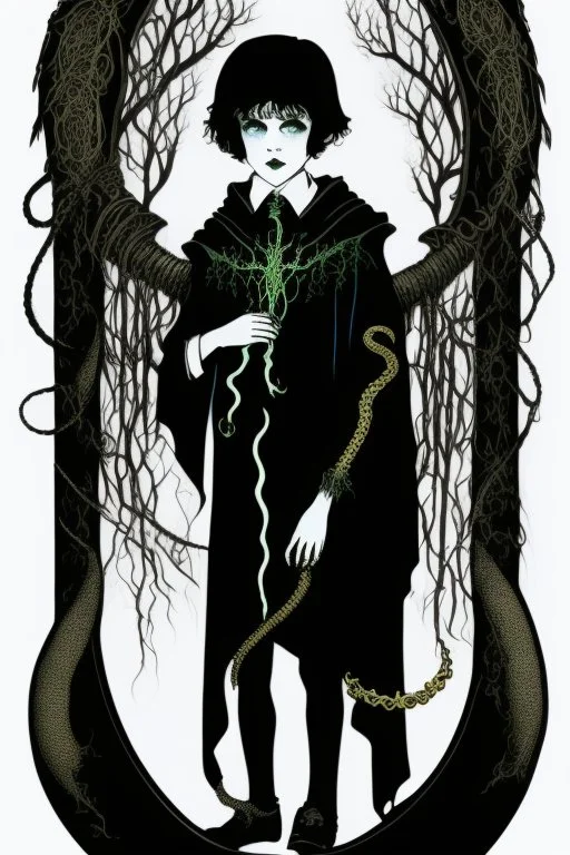 7 year old boy, necromancer, friendly, looks dead,with a lamprey serpent , wearing black robes, in the style of Harry Clarke
