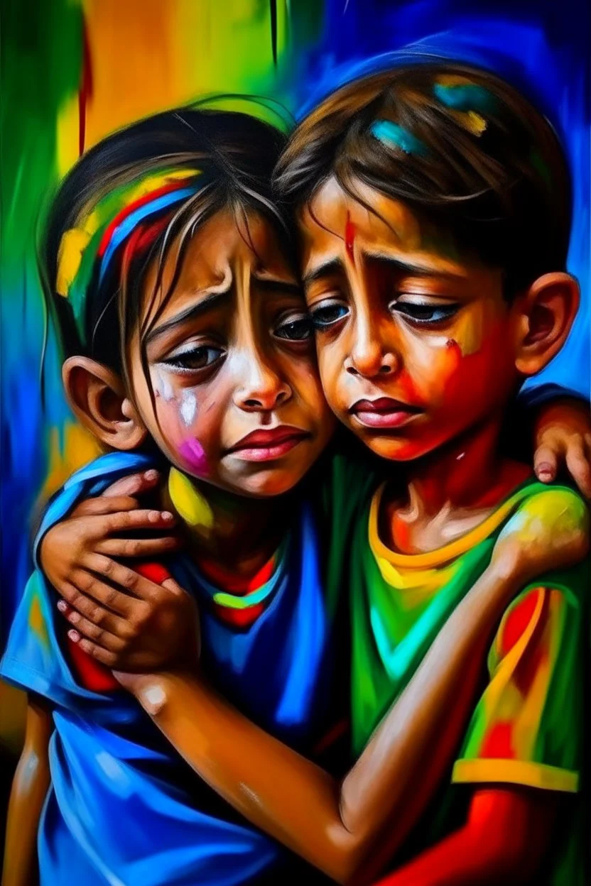 a girl hug her brother and both crying sadly, expressionism, Pixar style, in abstract art Basquiat, Picasso, Miro, Kandinsky, Klee, Birell, Fairey, Ardon, Buffet and Picasso style, HD --s 750 --v 5.1 --style raw, water color