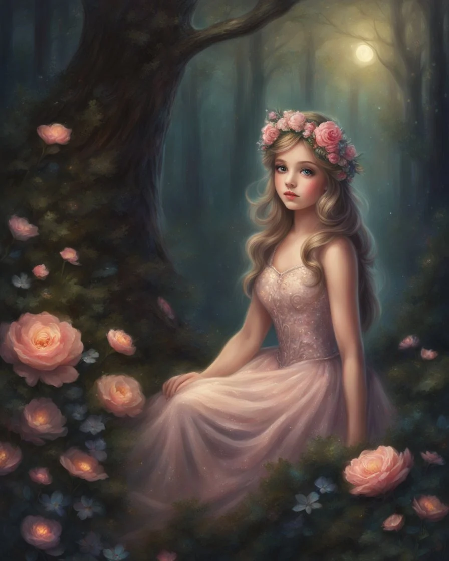 Painting of a beautiful girl, beautiful, haunted forest, flowers on her head, glitter dress, young girl, digital painting, fantasy art, pretty face, inspired by Thomas Kinkade, anime portrait, barbie face, big eyes, bright eyes, dream, trees, forest background, dark night, song, glitters background, fantasy, high quality, 8k