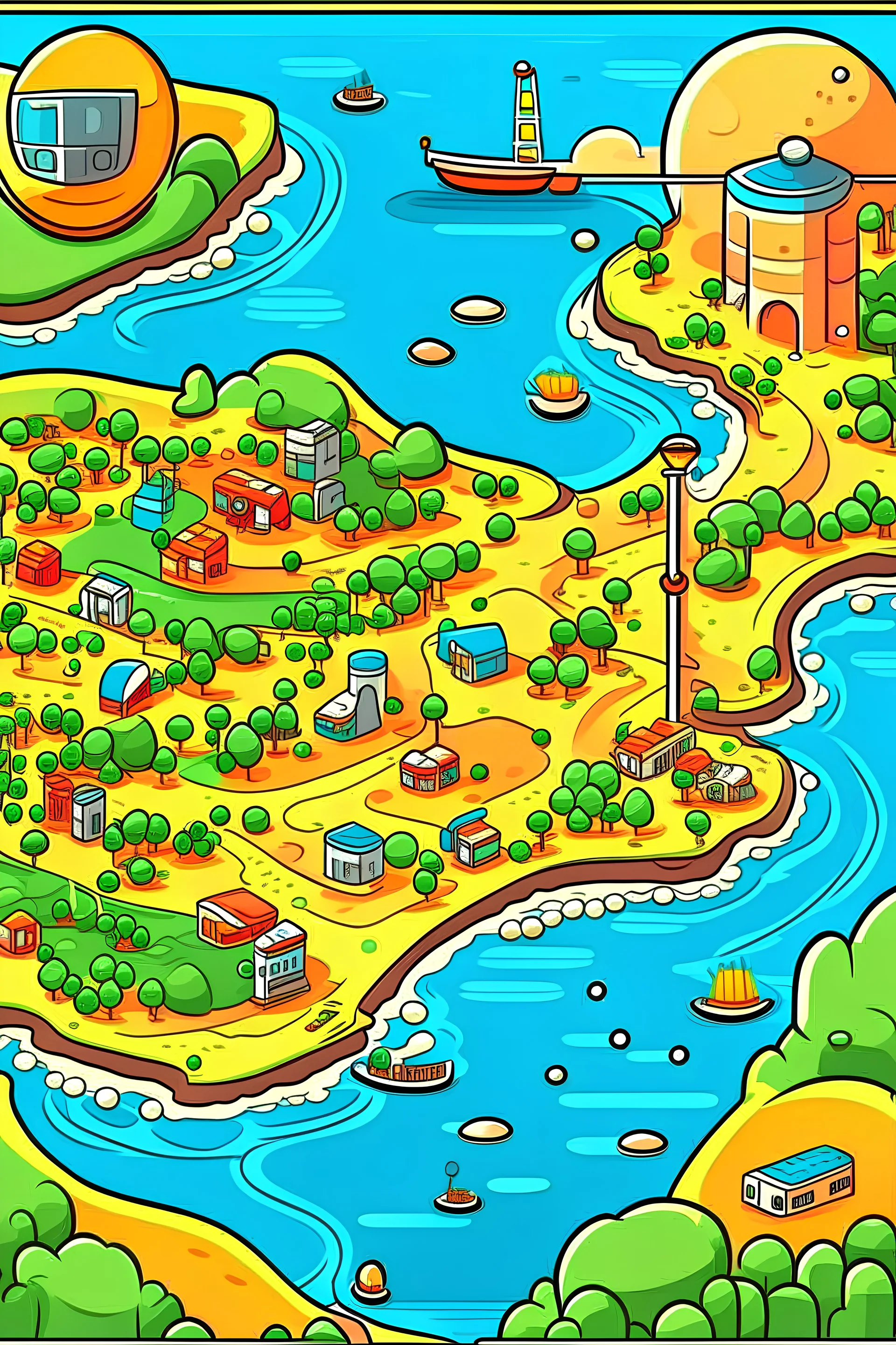 can you make a cartoon map with a bus driving on it and sunset and the ocean on the side of the map. there needs to be a long rode with 6 dots for different stops. make it cartoon and not realistic