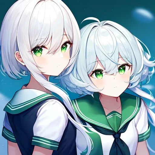 Clear focus, High resolution, white hair, short hair, long locks, fluffy hair, between eyes,green eyes, wearing a sailor uniform, frowning, half closed eyes