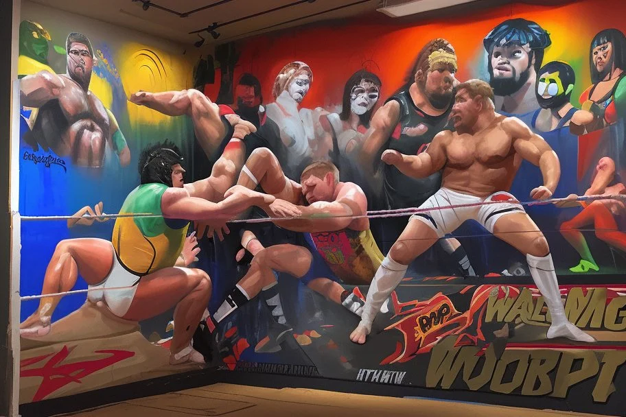 a wrestling mural wall