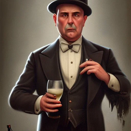 A 1930s Italian-American businessman with a bowler hat and a tattered suit. He is fat and sad. He holds a bottle of alcohol in his hand