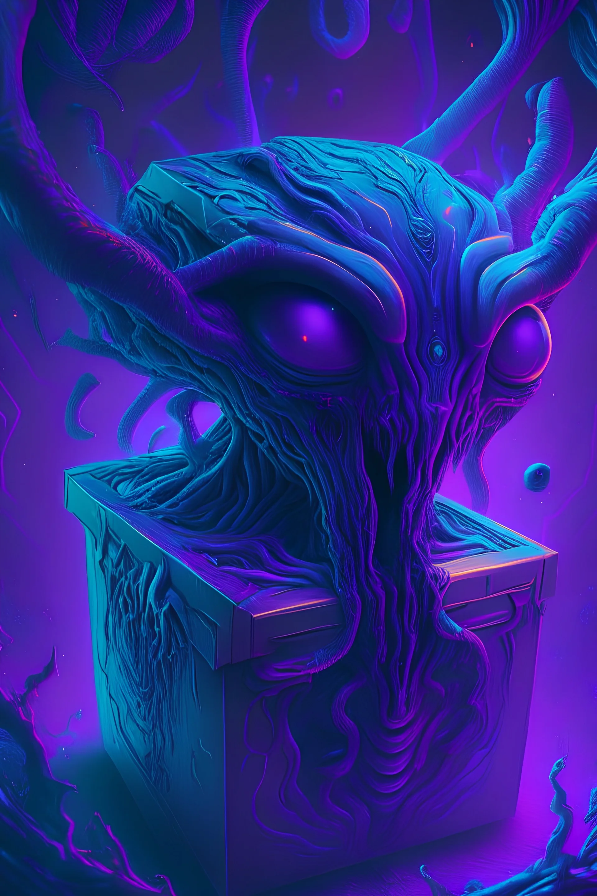 Box alien ,psychedelic, vibrant color scheme, highly detailed, sharp, romanticism, cinematic, concept art, 4k, 8k, trending on art station, purple and blue tones