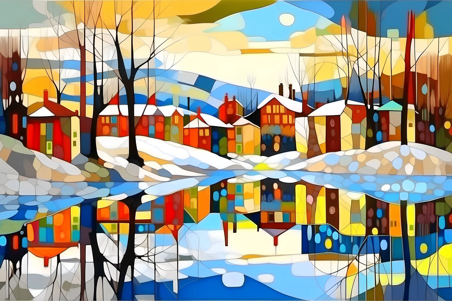 Landscape , winter, lit village, sunrise, lake, snow, bright, cottonwood trees, old buildings, reflections, w , high detail,4k, in style of Wassily Kandinsky