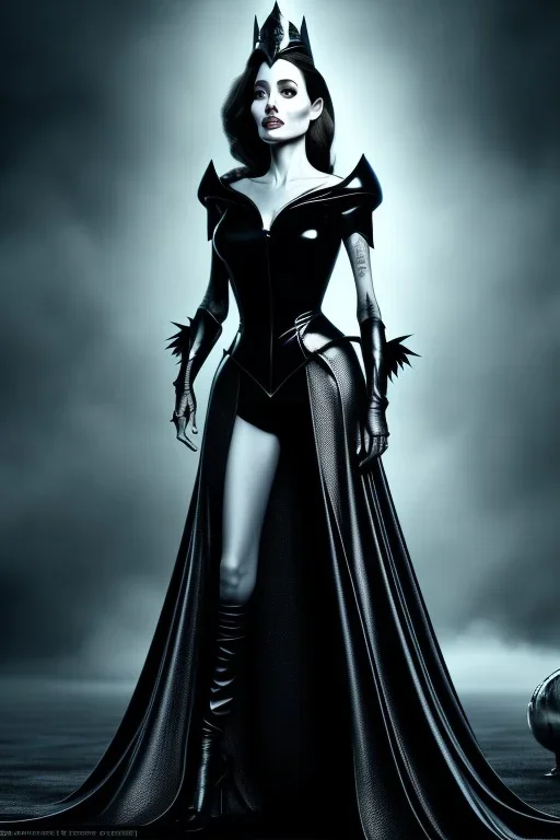 angelina jolie as evil queen in black leather gown, angry, stern look, volumetric lighting, particales,highly detailed,cinematic, deep colours,8