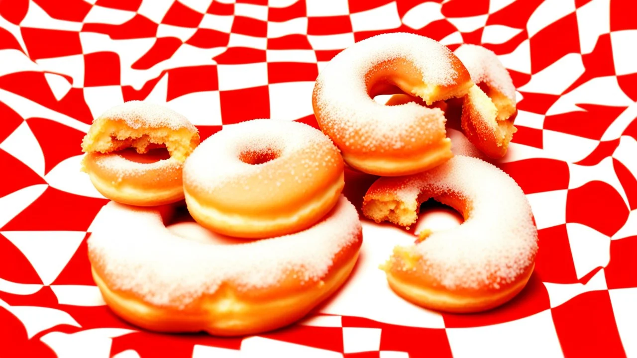 just Sugar-coated fluffy no holes Donuts lies on a red Checkered Cloth, high realistic, detalied, random background, perfect food Photo