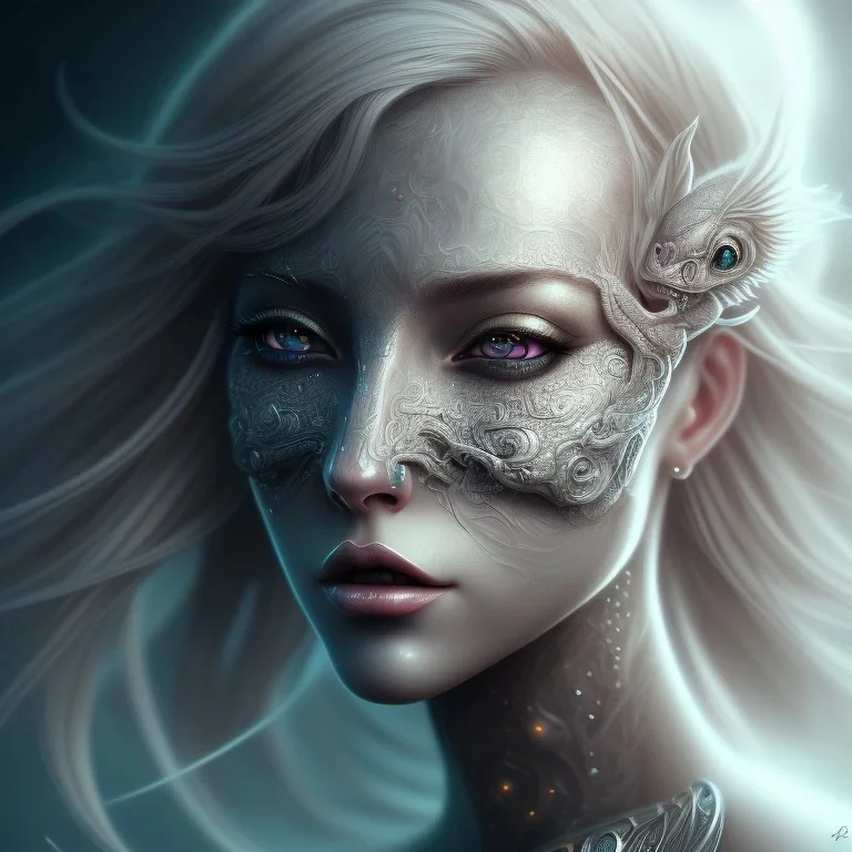 fantasy magic, intricate, sharp focus, illustration, highly detailed, digital painting, concept art, matte, masterpiece head sexy front view black blonde beauty space lady silver carp skin one head blonde space night