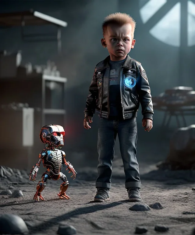 Terminator t100 toddler, full body, dramatic lighting, angry, hyper realistic