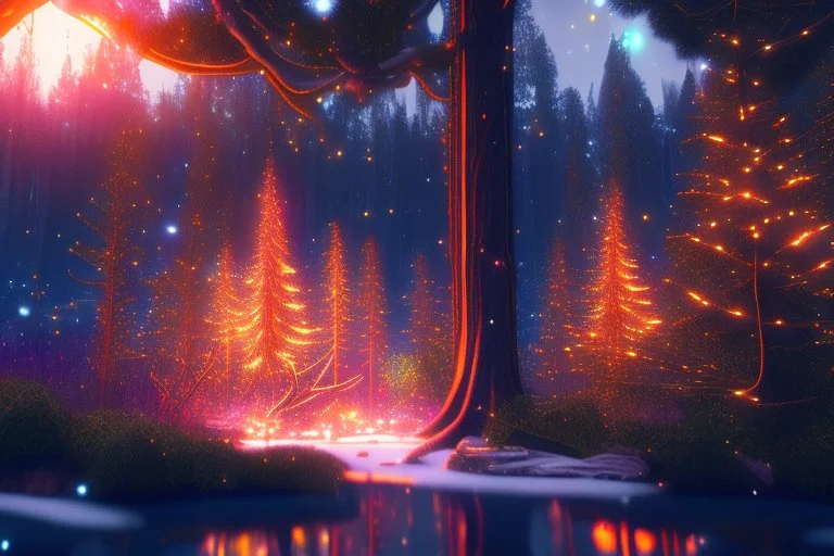 lightning sparkling christmas lights in forest, on lakeside in sunshine detailed matte painting, deep color, fantastical, intricate detail, splash screen, complementary colors, fantasy concept art, 8k resolution trending on Artstation Unreal Engine 5