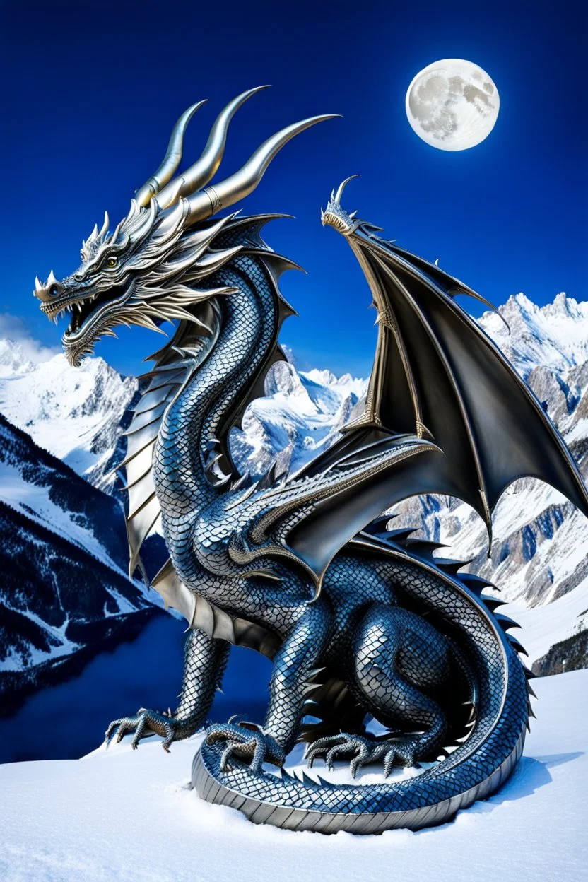 a weird beautiful metallic dragon sculpture sitting on the snow. The dragon sculpture looking the full moon on the dark sky. the high artistic nature of the animal sculpture and the serene atmosphere of the snow and high winter mountains setting. stunning, high detailed