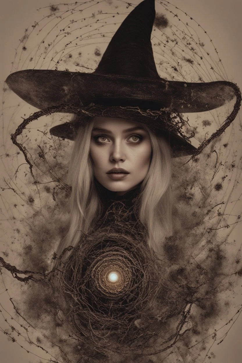 wizard hat Halloween vintage girl, fullbody, creepy, horrifying, sinister, many worms parasite creature connected to heart, sparks around her, sparks cybernetic, intricate, 8k, macro photography,