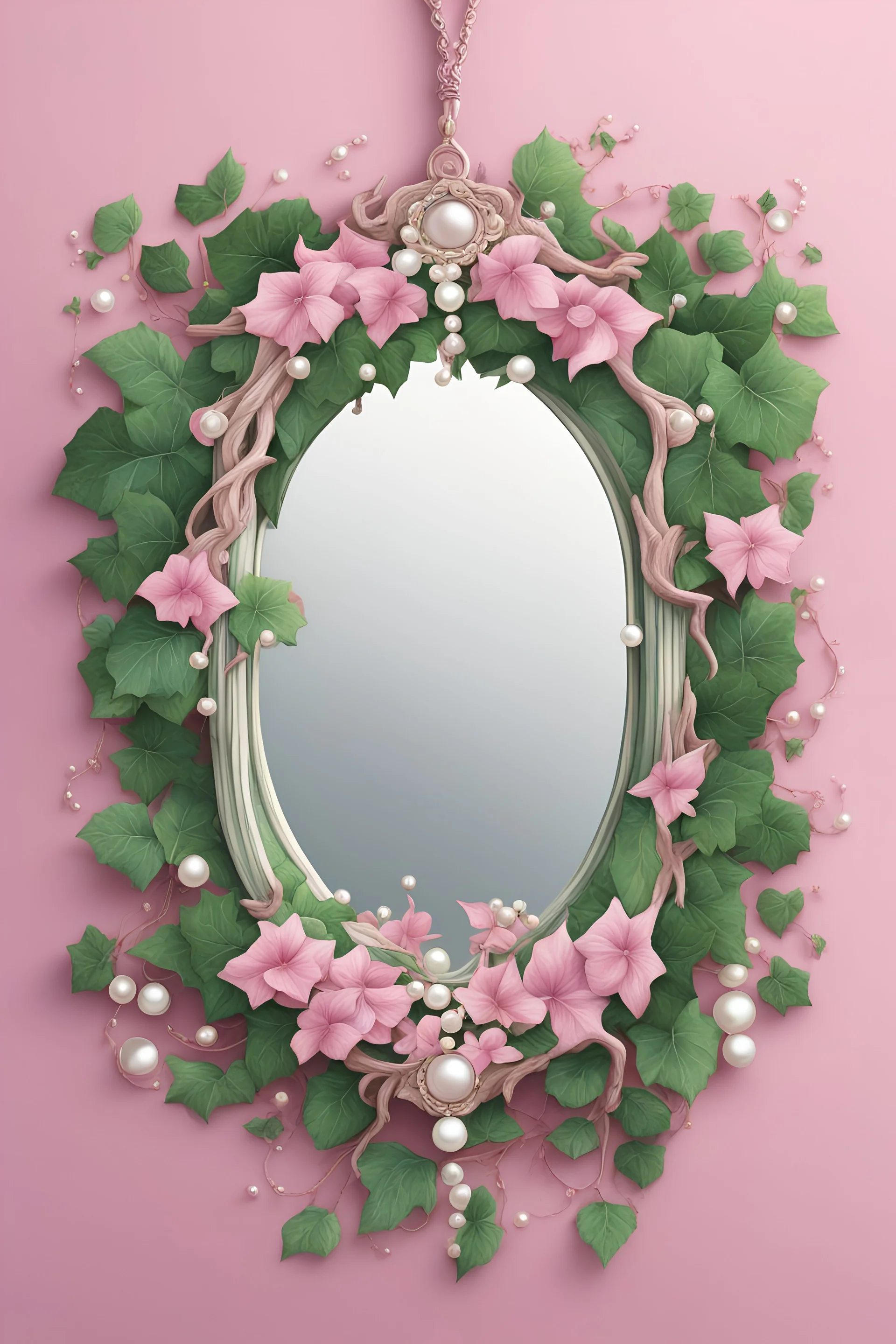 Create an Artwork of a Mirror with ivy branches and pearls necklace, Like a creative Logo for a Varasity Jacket, illustration. Colors should be pink and green