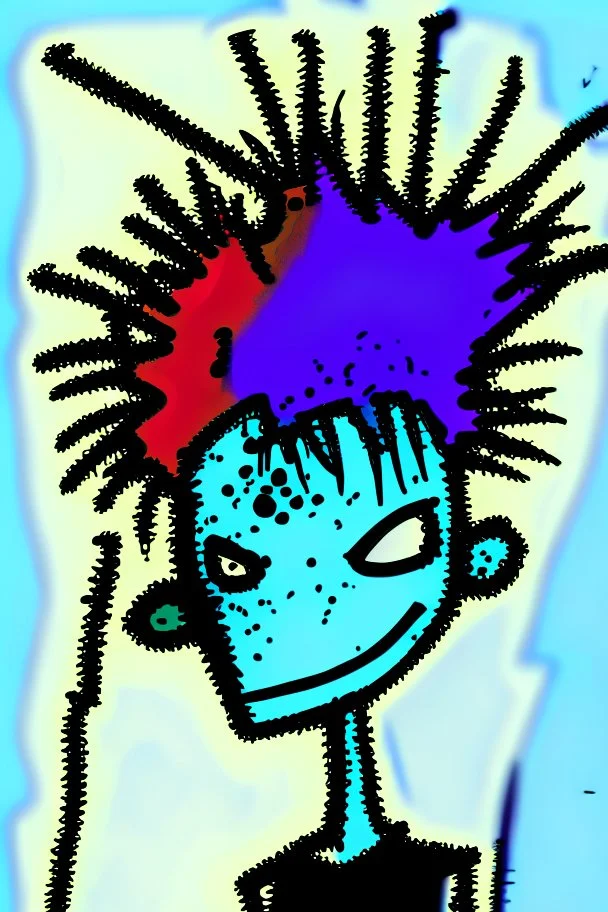 2d drawing of a stickman, cool with punk hair, x eyes like hangman, close-up, side view bended looking into the camera, smiling,in colour