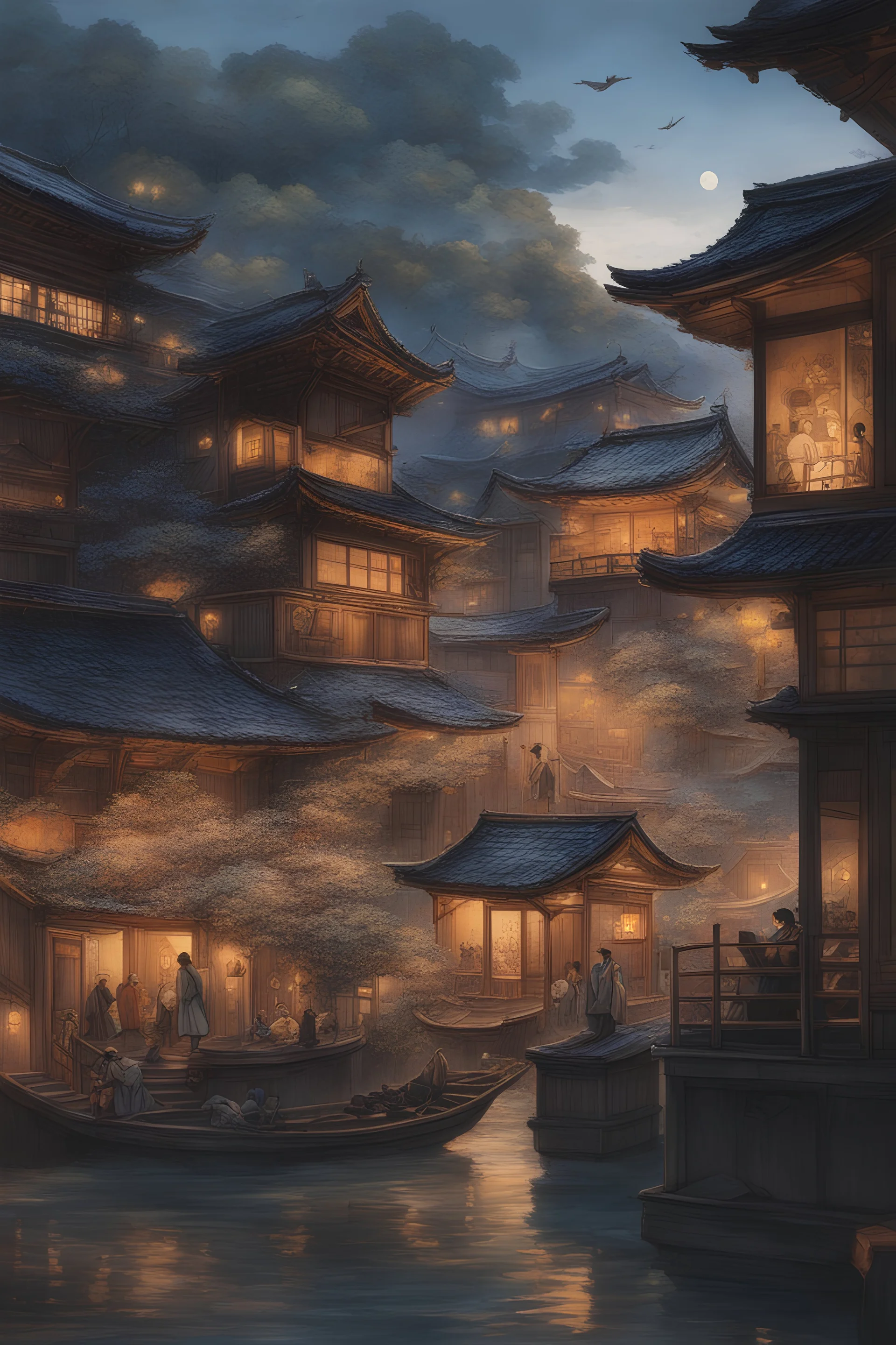 Ukiyo-e style, Haro Aso, Anton Pieck, surreal anime world inside a shell day and night, detailed masterpiece depth of field cinematic lighting sharp focus perspectives wide angles Bird’s eye view