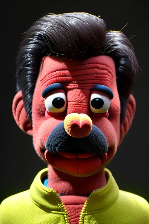 Waist up muppet Portrait, Nicolas maduro us muppet doll, black hair, Venezuelan president, red and yellow tracksuit, mustache, photo studio, background, unreal engine 5, concept art, art station, ray tracing, lumen lighting, ultra detail, volumetric lighting, 3d.