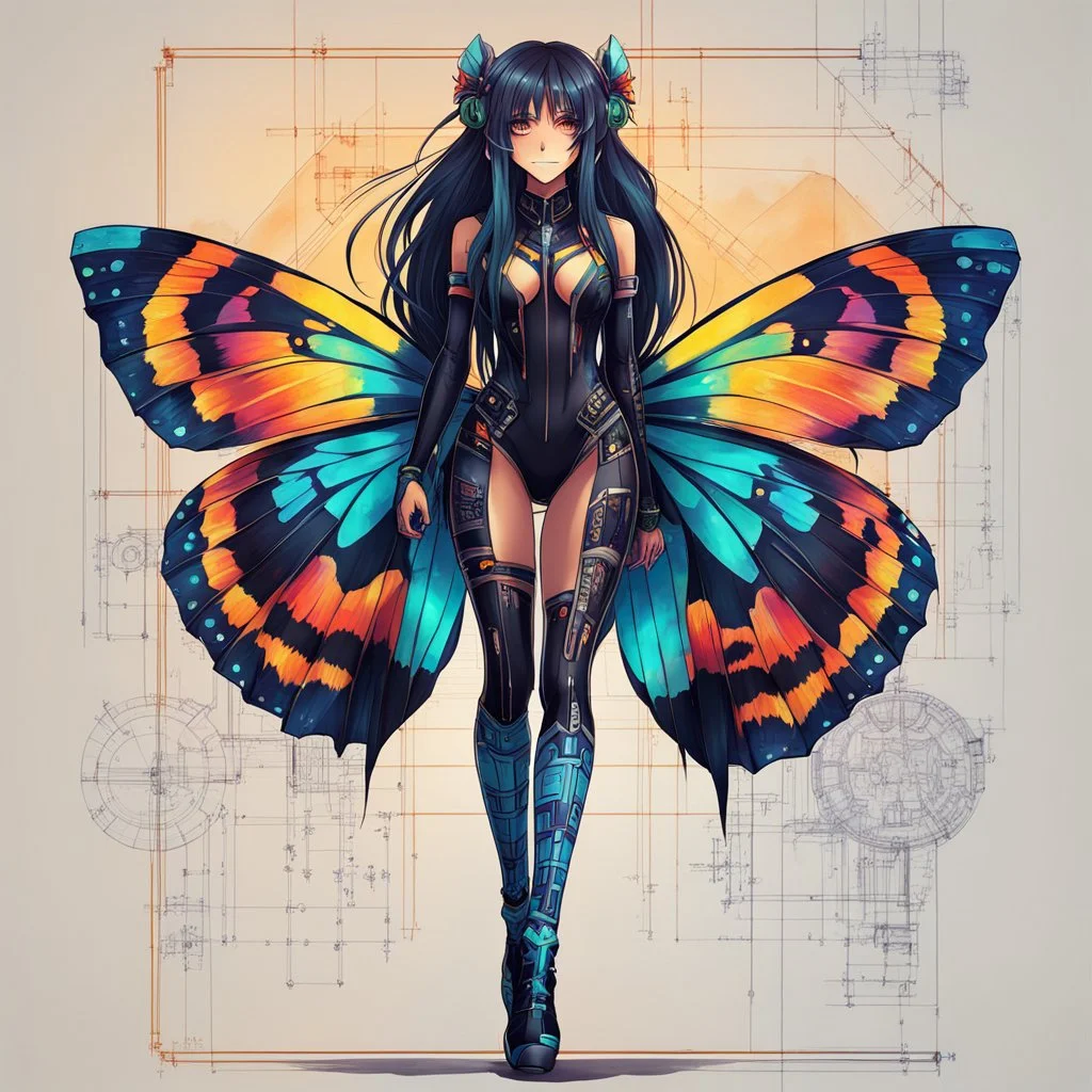 full body portrait illustration , long hair, with detailed blueprints and engineering schematics of a walking hybrid Madagascan sunset moth insect girl, in anime style, with highly detailed facial features, drawings, 8k, vibrant natural colors, tight bodysuit