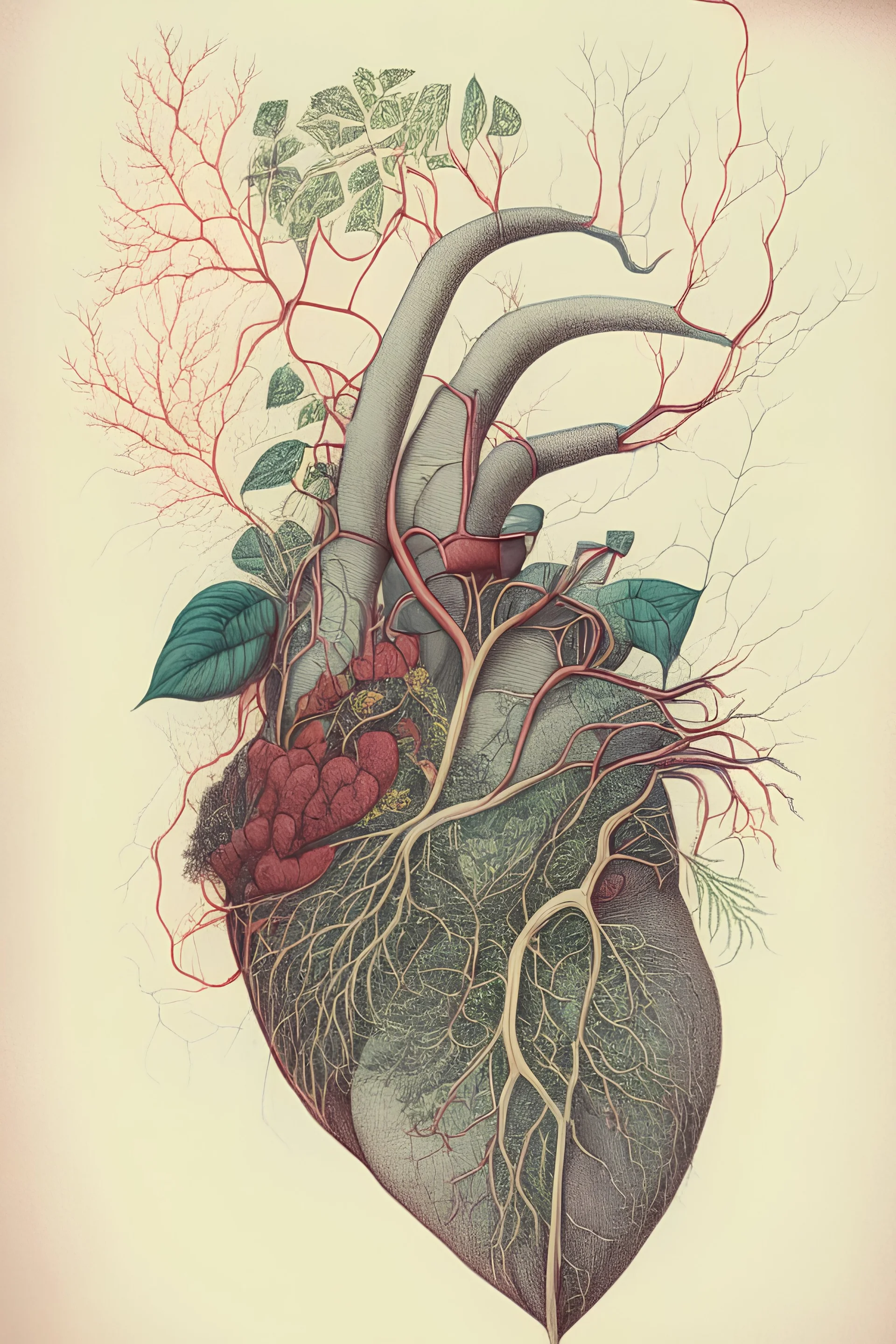 Drawing of a realistic heart where veins connect with creeper plant branches and flowers by salvador dali