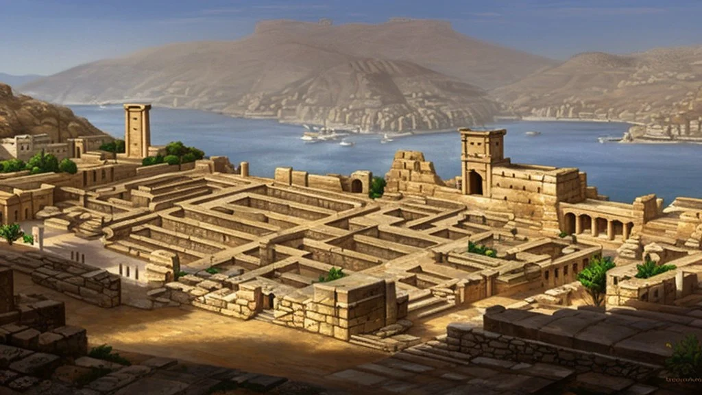 An ancient Phoenician city with a large gate , from down view