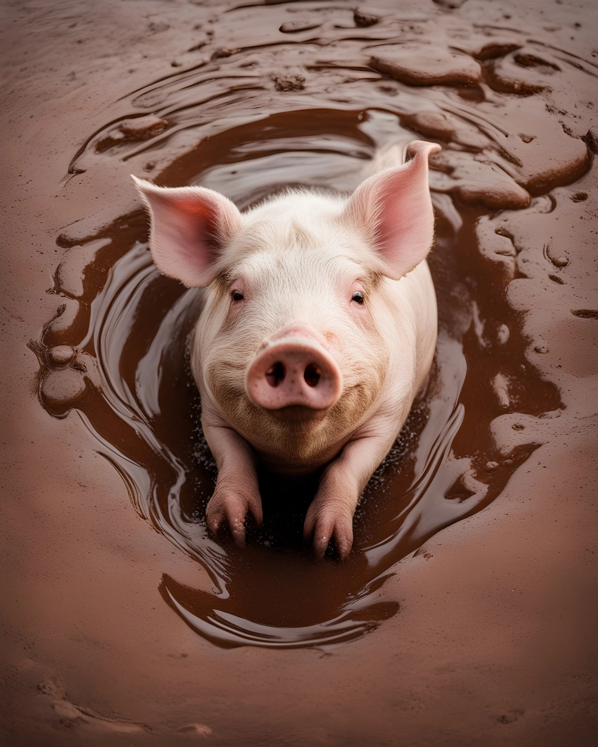 happy pig rolling in brown liquid puddle