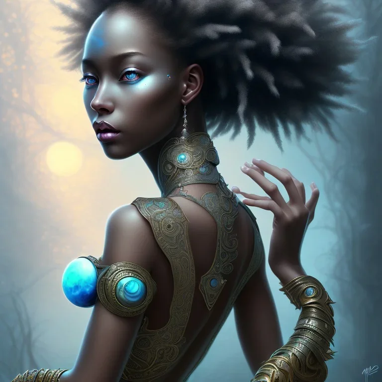 Bailarina fantasy, fantasy magic, intricate, sharp focus, illustration, highly detailed, digital painting, concept art, bailarina matte, masterpiece head sexy view black African beauty black afro hair space lady turquoise carp skin African space landslide