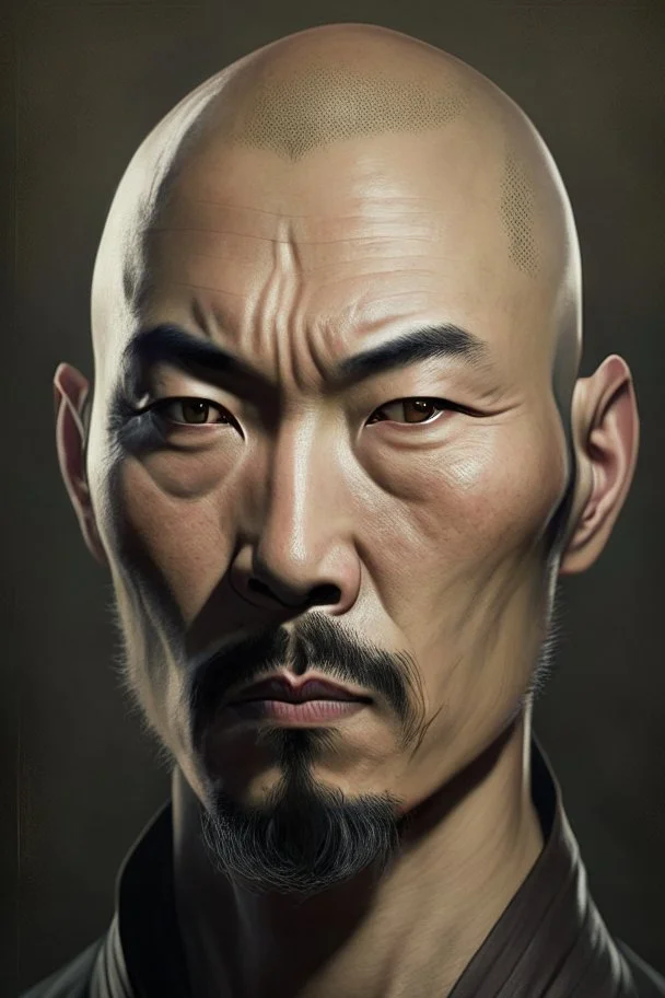 portrait of a man with Asian features, 30 years, sturdy build, quite bald, dark goatee