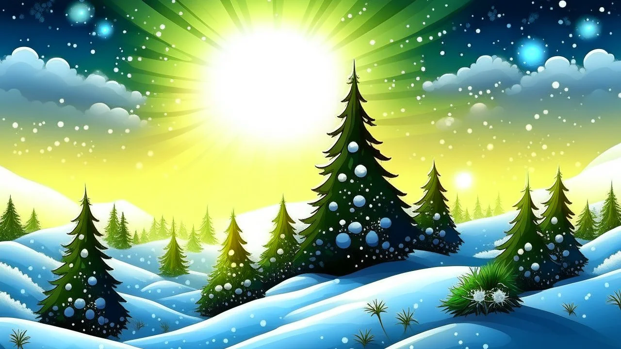 Fantasy cartoon style: Once upon a snowy hill. There are many pine trees on the hill, The sun is shining and the snow sparkled like a million tiny diamonds.