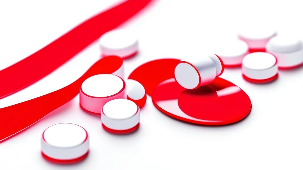 white background, red medical tablets, red ribbon