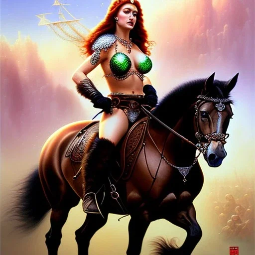 oil Portrait on canvas of busty beautiful young Red Sonja Riding a Black Horse, with big crystal clear green eyes looking to viewer, nose piercing , tattoos , with ruby necklace by Adam hughes 8k